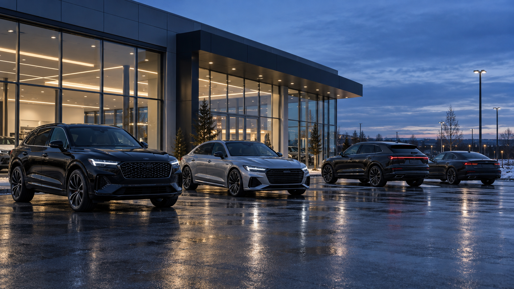 Premium vehicles outside a modern automotive facility at dusk