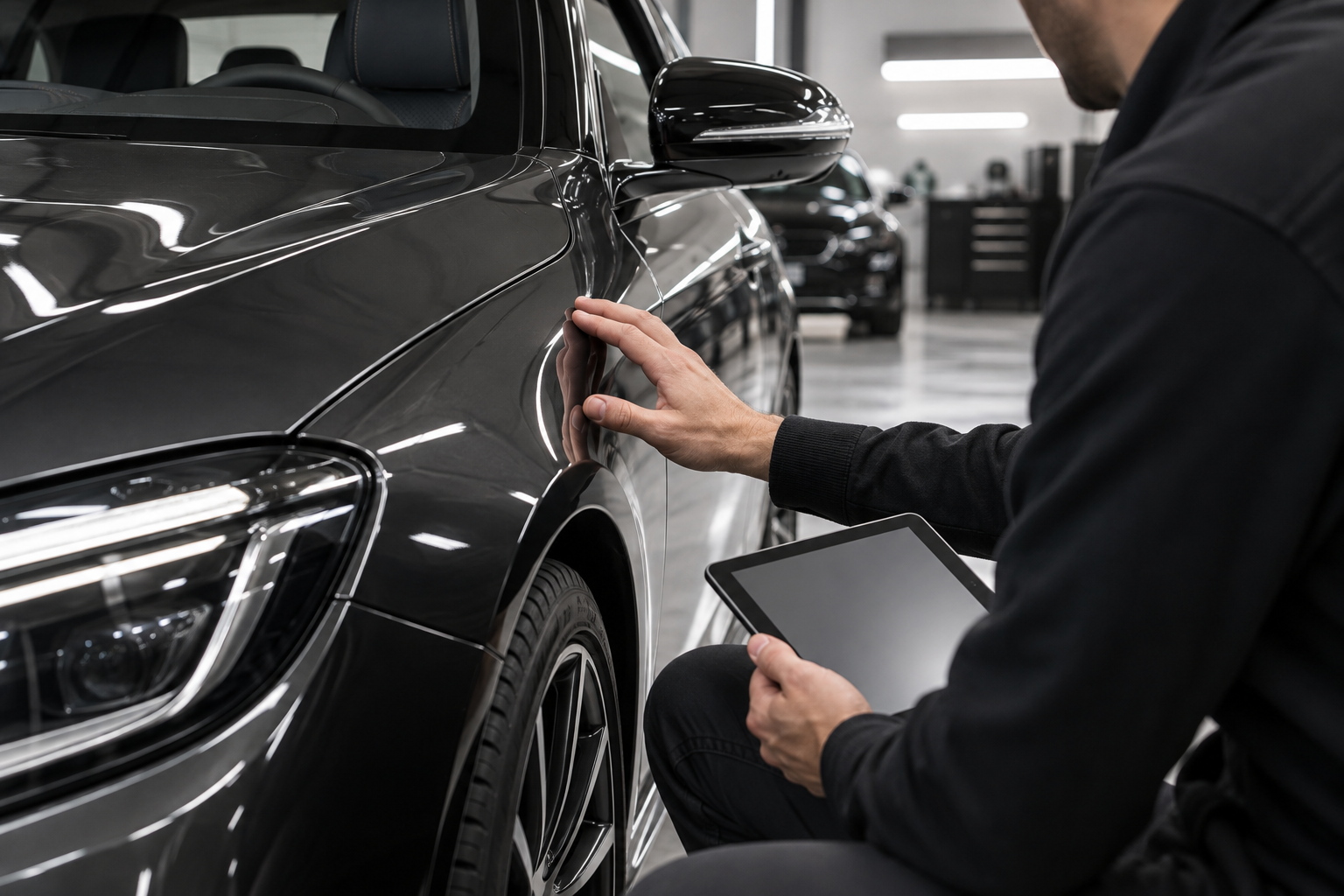 Automotive professional carefully inspecting a vehicle